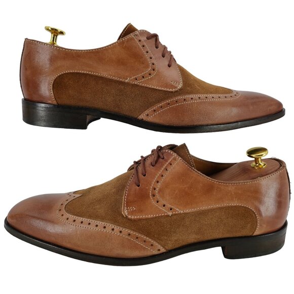 Mercanti Fiorentini Italy Dress Shoes Men 10 Brown Leather Wingtip Derby Oxfords - Picture 4 of 15